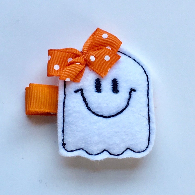 Cute Spooky Ghost with Polka Dot Bow Feltie Hair Clip Embroidered Feltie on Ribbon Lined Alligator Clip Halloween Baby Hair Accessory