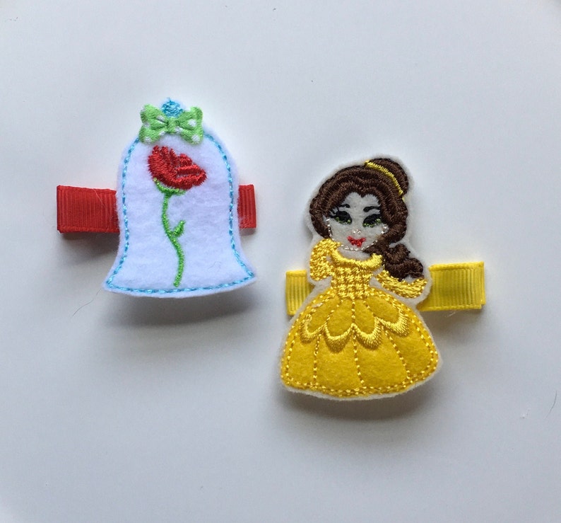 Princess Belle and The Enchanted Red Rose Feltie Hair Clip Embroidered Beauty and The Beast Inspired on Ribbon Lined Alligator Clip