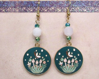 Teal Butterfly and Mushrooms Disc Dangle Earrings