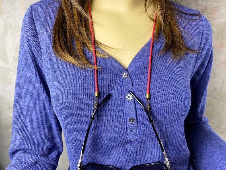 Braided glasses chain in red with bronze hardware. Sunglasses holder cord. Eyeglass chain for reading glasses and readers. Unique gift idea. image 2