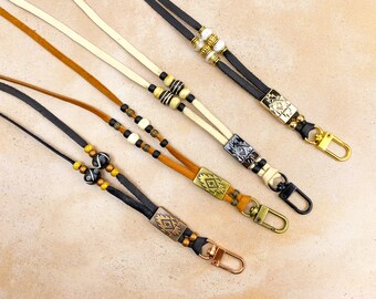 Leather lanyard with beads for ID work badge or keys. Detachable magnetic southwestern style lanyards. Choose from lengths 18" - 24"