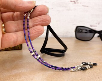 Purple eyeglass chain lanyard. Western Aztec glasses chain. Leather Sunglasses holder. Eyeglasses chains. Unique gift ideas. Eyewear cords.