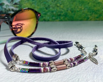 Pink purple blue beaded leather eyeglass chain. Leather cord strap for reading glasses and sunglasses. Unique eye glasses chain holders.