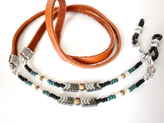 Chevron Beaded Eyeglass Chain With Leather. Western Style Leather Reading Glasses Cord. Brown Black or Saddle Brown Leather. Unique Gift Etsy Canada