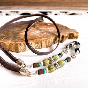 Beaded Leather Eyeglass Chain. Southwestern Glasses Holder With Brown Deerskin Leather. Designer Eyewear Retainer.