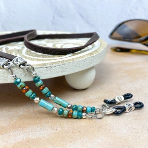 Eyeglass chain with turquoise colored glass beads and brown, saddle or black leather. Sunglasses chain holder, gifts for men and women.