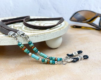 Eyeglass chain with turquoise colored glass beads and brown, saddle or black leather. Sunglasses chain holder, gifts for men and women.