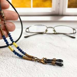Copper and blue classic eyeglass chain. Choose your length on this glasses chain. Round imported leather sunglasses holder. Unique gifts. image 5