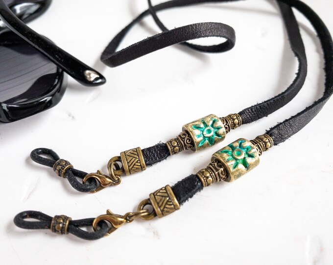 Black Leather Eyeglass Chain With Brass Patina Sunburst Bead. Etsy