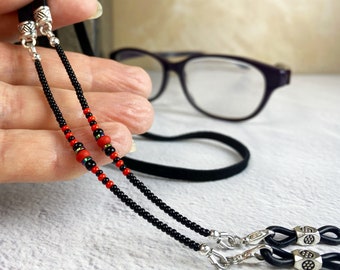Red and black beaded leather eyeglass chain. Leather sunglasses holder. Black leather glasses chain. Readers strap cord. USA ships free.