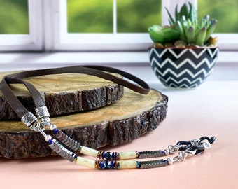 Unique eyeglass chains. Southwestern beaded leather eye glasses chain. Sunglasses holder strap. Readers reading glasses leash. Ships free.