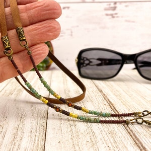 Minimal style eyeglass chain. Matte brown, golden harvest and turquoise colored glass beads. Brown leather Sunglasses holder. Glasses cord. image 5