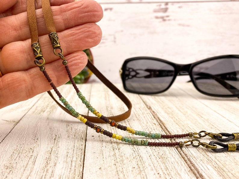 Minimal style eyeglass chain. Matte brown, golden harvest and turquoise colored glass beads. Brown leather Sunglasses holder. Glasses cord. image 5