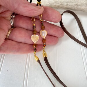 Pearl Heart Eyeglass Chain Gold and Leather. Beaded Leather Sunglasses Holder. Chain Necklace ...