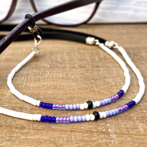 Purple beaded Western eyeglass chain with black leather. Cord strap holder for sunglasses readers and reading glasses. Minimalist eyewear