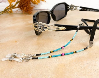 Eyeglass chain with black turquoise pink blue small seed beads. Minimalist style sunglasses chain. Beaded glasses chain with leather. Gifts.