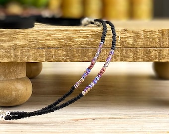 Minimalist style glasses chain. Purple crystal black leather eyeglass chain. Unique beaded eyeglasses lanyard for her. Gift for nature lover