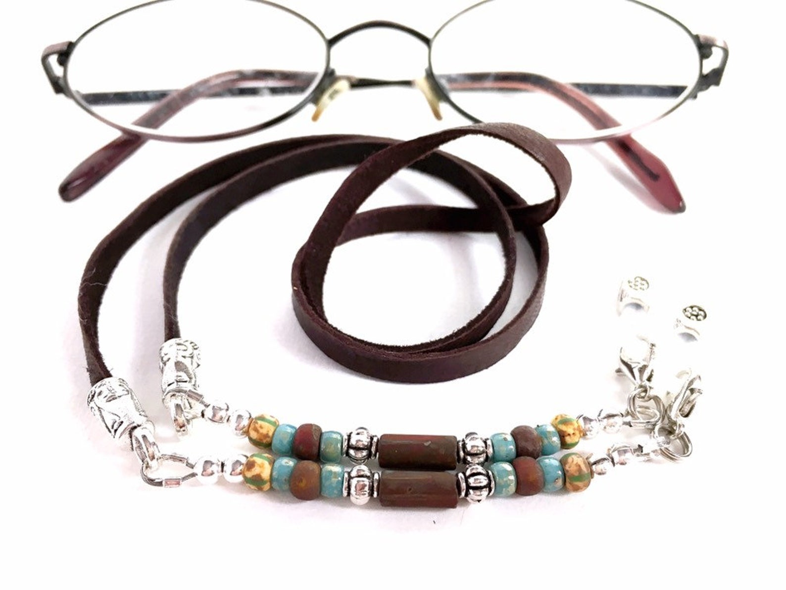 Eyeglass Chain Holder Beaded Blue Brown Silver Eye Wear Etsy
