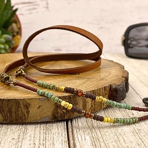 Minimal style eyeglass chain. Matte brown, golden harvest and turquoise colored glass beads. Brown leather Sunglasses holder. Glasses cord. image 1