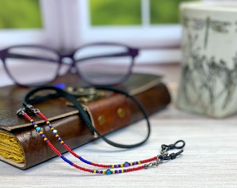 Southwestern minimalist eyeglass chain with tiny seed beads and leather. Red orange blue sunglasses cord. Eye glasses chain for readers.