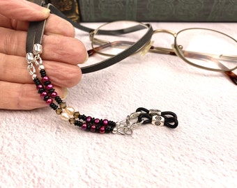 Upscale pearl eyeglass chain. Leather glasses chain. Unique beaded leather eyewear retainers. Handmade gifts for her.