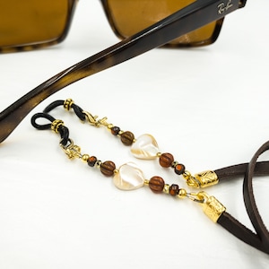 Pearl Heart Eyeglass Chain Gold and Leather. Beaded Leather Sunglasses Holder. Chain Necklace ...
