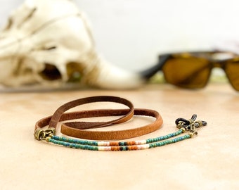 Western beaded leather eyeglass chain. Eye glasses chain. Choose your leather color. Sunglasses cord. Rugged leather cord for sunnies.