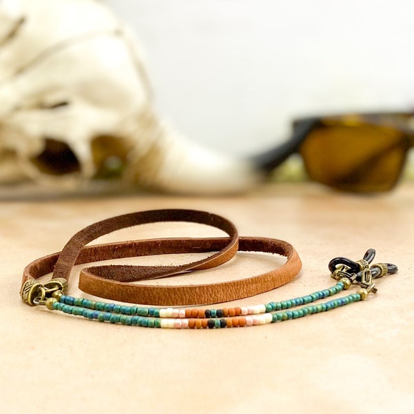 Western beaded leather eyeglass chain. Eye glasses chain. Choose your leather color. Sunglasses cord. Rugged leather cord for sunnies.