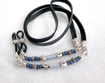 Denim blue beaded leather eyeglass chain. Leather cord strap for reading glasses and readers. Unique boho beaded leather eyewear retainer.