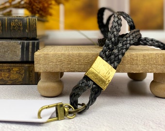 Rugged black braided leather lanyard for men or women. Designer leather lanyards with brass. Leather ID badge holder. Unique gifts for him.