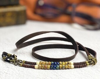 Rugged beaded leather glasses chain. Czech glass beads with deerskin leather and bronze hardware chain for sunglasses. Gifts for him, men.