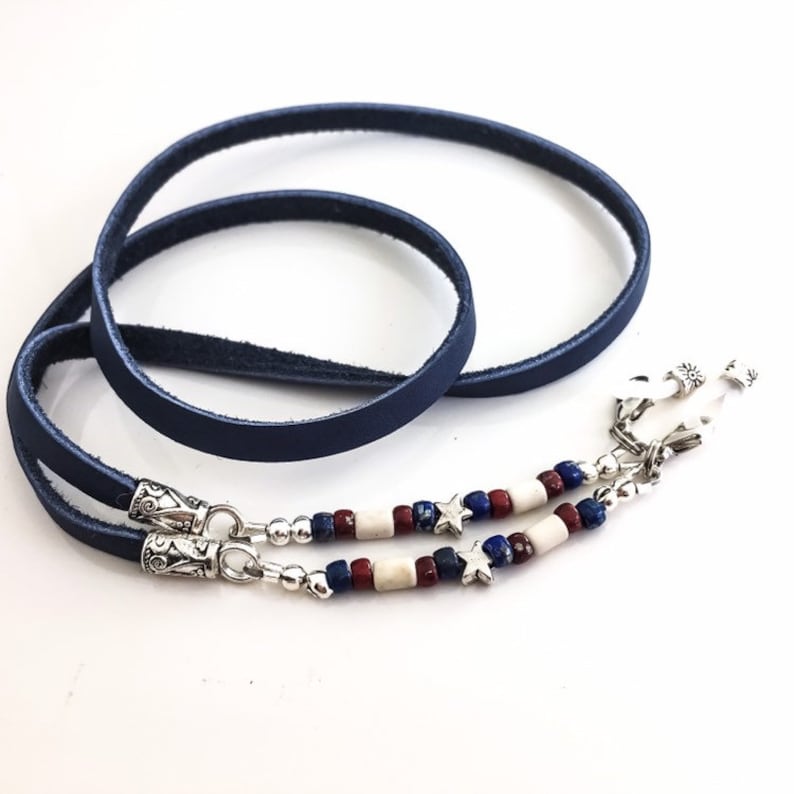 Eyeglasses sunglasses holder necklace cord. Summer Fourth of July patriotic accessories Red white and blue leather beaded eyeglass chain