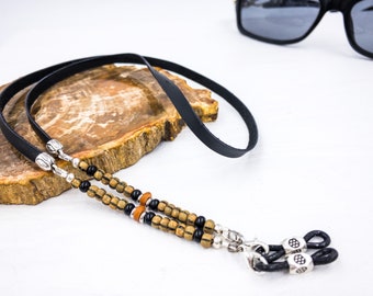 Rustic beaded leather eyeglass chain. Leather strap for readers in rust brown black. Leather sunglasses holder. Cool gifts for men.