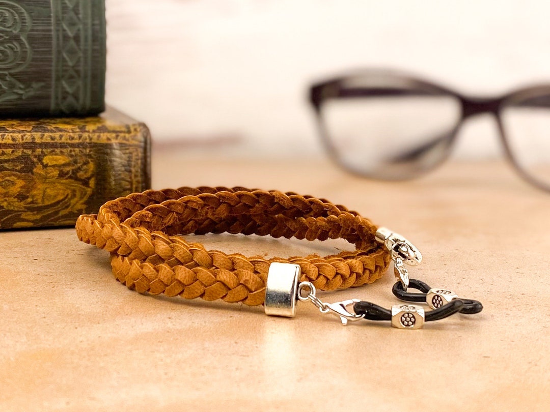 Braided Leather Eyeglass Chain, Black or Brown Leather Straps for