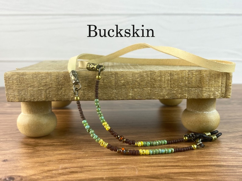 Minimal style eyeglass chain. Matte brown, golden harvest and turquoise colored glass beads. Brown leather Sunglasses holder. Glasses cord. Buckskin