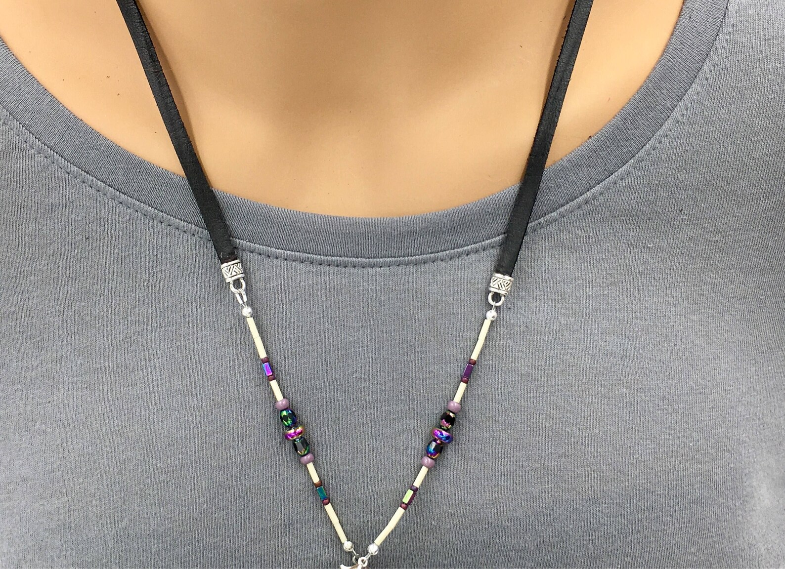 Eyeglass chain with colorful hematite beads and black leather. Etsy