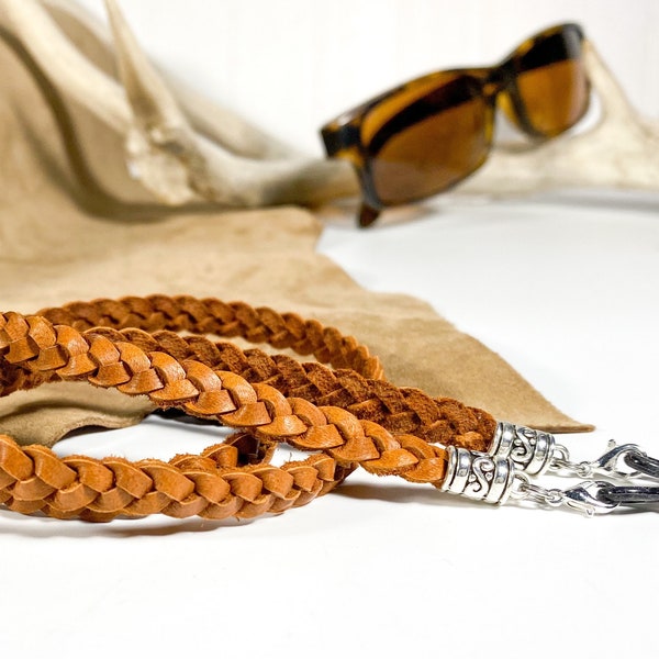 Eyeglasses sunglasses chain, saddle black or brown hand braided leather.  Eye glasses cord, western eyewear, bronze or silver hardware.