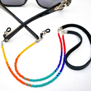 Colorful beaded leather rainbow eyeglass chain. Glasses cord for readers. Sunglasses holder. Shades leash. Eyewear neck strap lanyard.