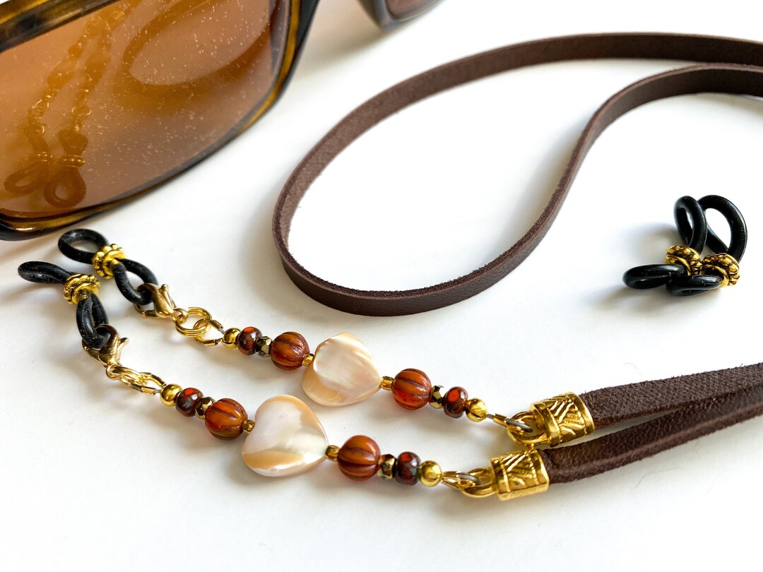 Pearl Heart Eyeglass Chain Gold and Leather. Beaded Leather Sunglasses Holder. Chain Necklace ...