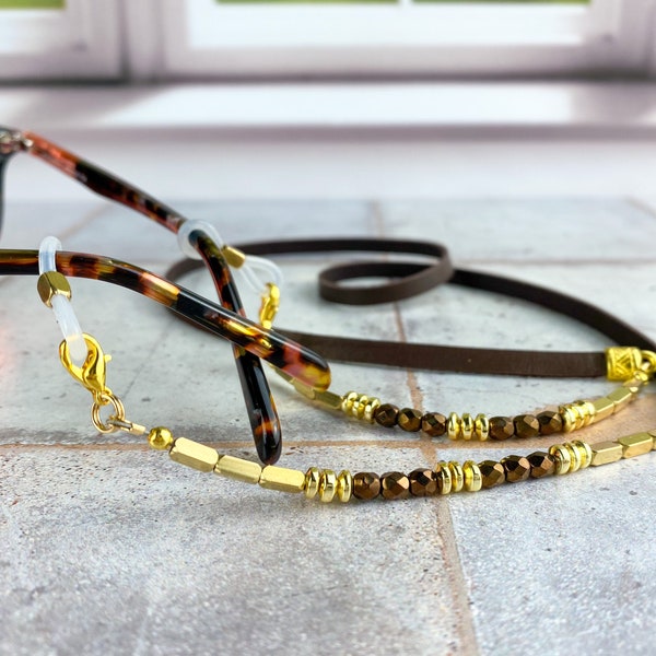 Chain strap cords for sunglasses. Womens gold eyeglass chain brass beads leather. Sunglasses holder eye glasses chain. Leather glasses cord.