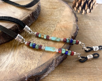 Leather eyeglass chain with turquoise colored glass beads, Sunglasses holder chains, eye glasses chain.