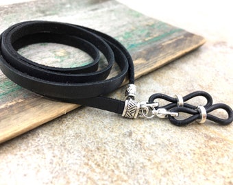 Black Leather Eyeglass Chain, Silver brass gold eye glasses holder for him or her, Leather glasses necklace, Straps cords for eye wear.
