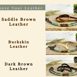This image shows three choices of leather color available. Saddle brown leather, Buckskin leather; which is a creamy white color, and dark brown leather.