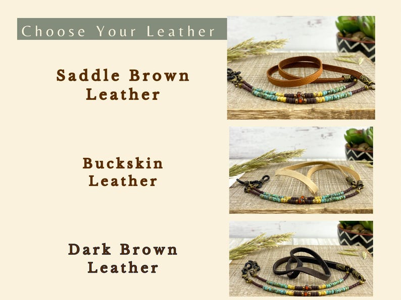 This image shows three choices of leather color available. Saddle brown leather, Buckskin leather; which is a creamy white color, and dark brown leather.