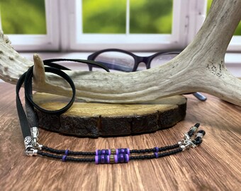 Purple beads black leather eyeglass chain. Cord strap necklace lanyard for readers sunglasses eye glasses. Unique unisex gift ideas.