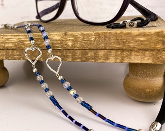 Blue crystal eyeglass chain. Beaded leather glasses chain. Silver heart chic upscale eyeglasses necklace. Beautiful unique gifts for her.