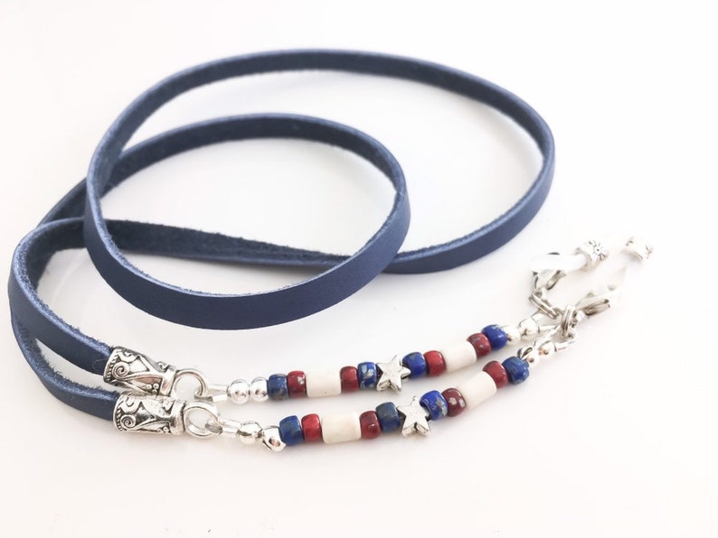 Eyeglasses sunglasses holder necklace cord. Summer Fourth of July patriotic accessories Red white and blue leather beaded eyeglass chain