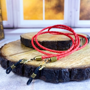 Braided glasses chain in red with bronze hardware. Sunglasses holder cord. Eyeglass chain for reading glasses and readers. Unique gift idea. image 1