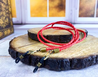 Braided glasses chain in red with bronze hardware. Sunglasses holder cord. Eyeglass chain for reading glasses and readers. Unique gift idea.