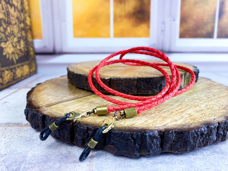 Braided glasses chain in red with bronze hardware. Sunglasses holder cord. Eyeglass chain for reading glasses and readers. Unique gift idea. image 1